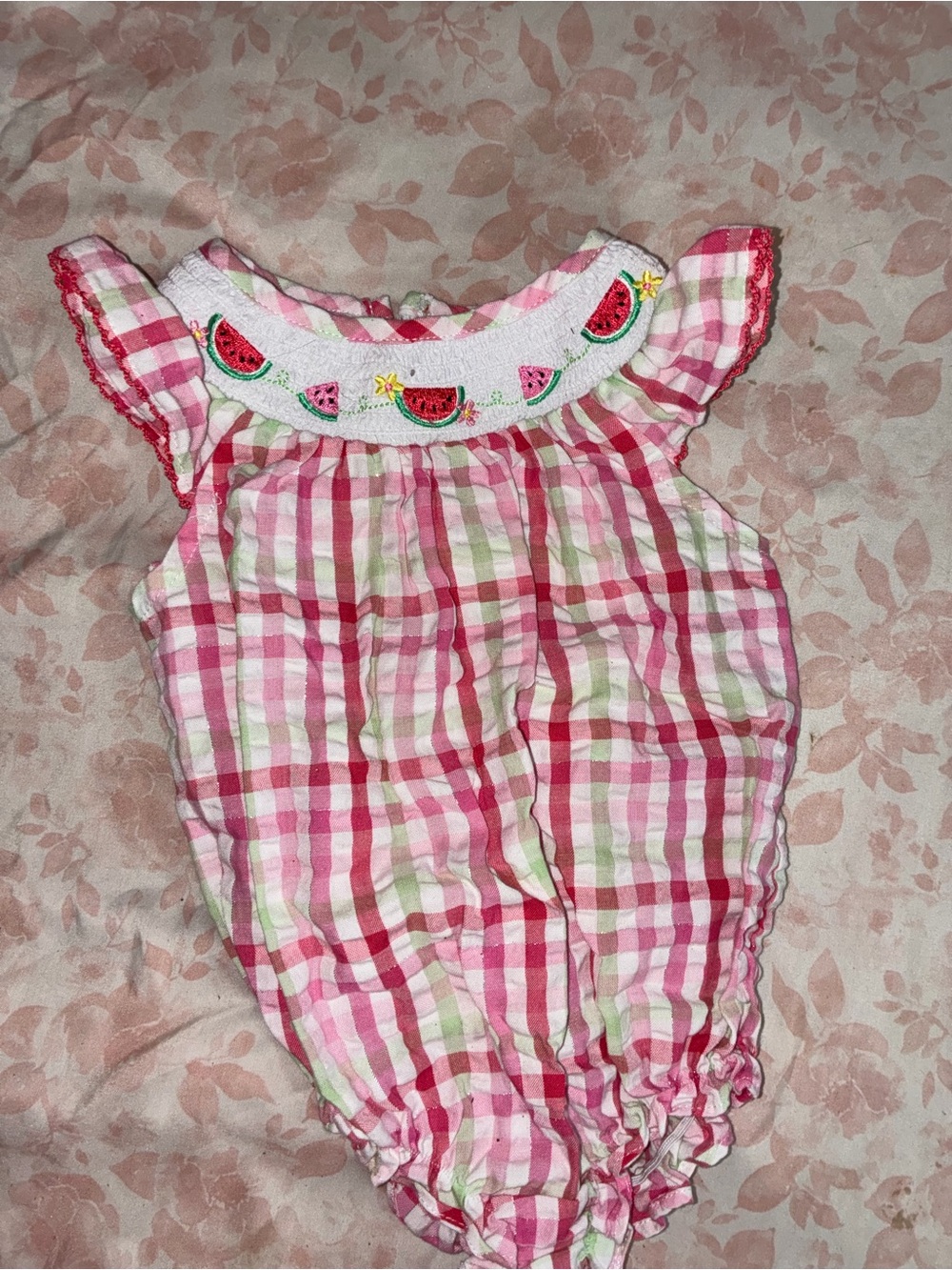 Good Lad Pink & Green Plaid Watermelon Embroidered Romper